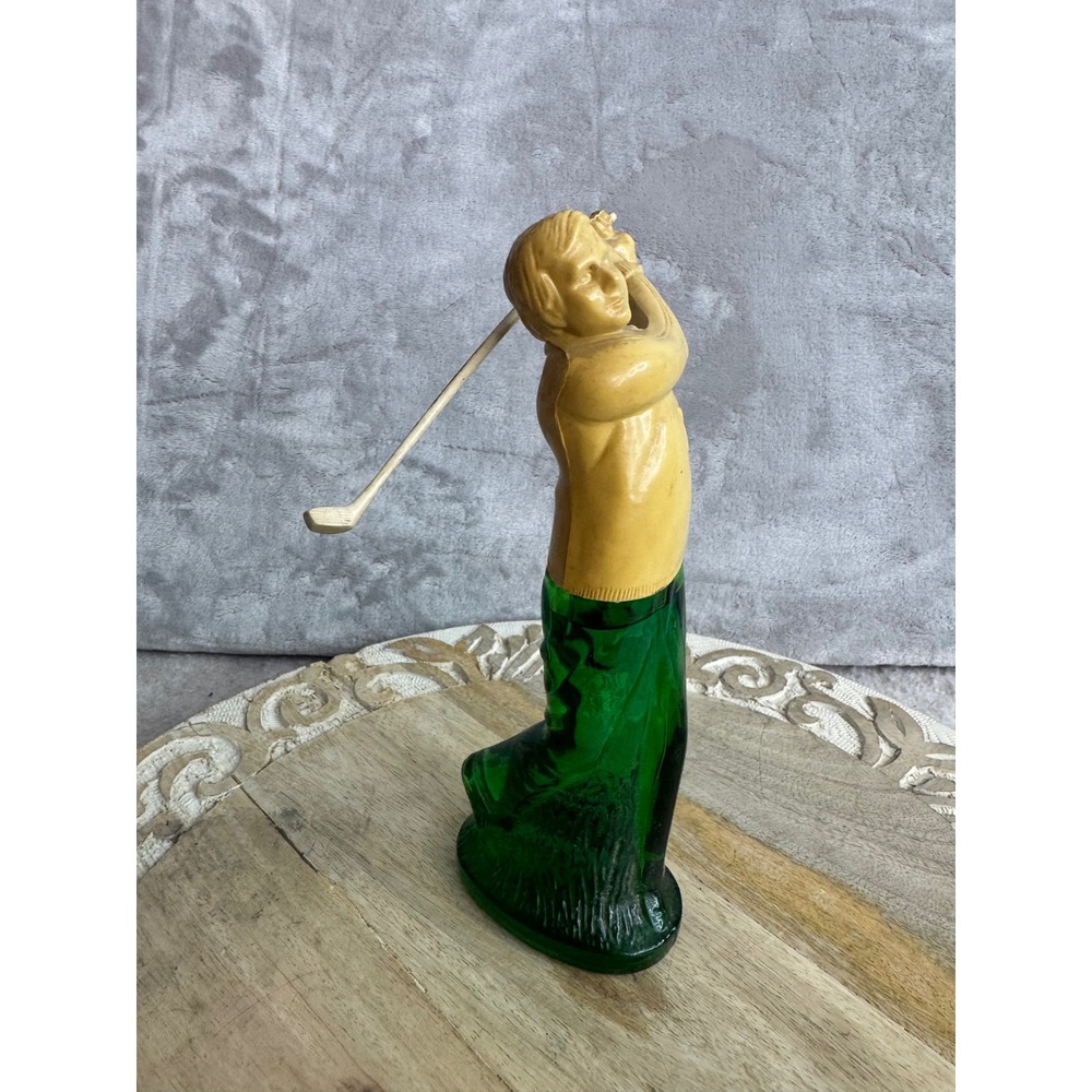 Vintage Avon Golfer Figural Decanter Green Glass Hair Conditioner Bottle 4oz
